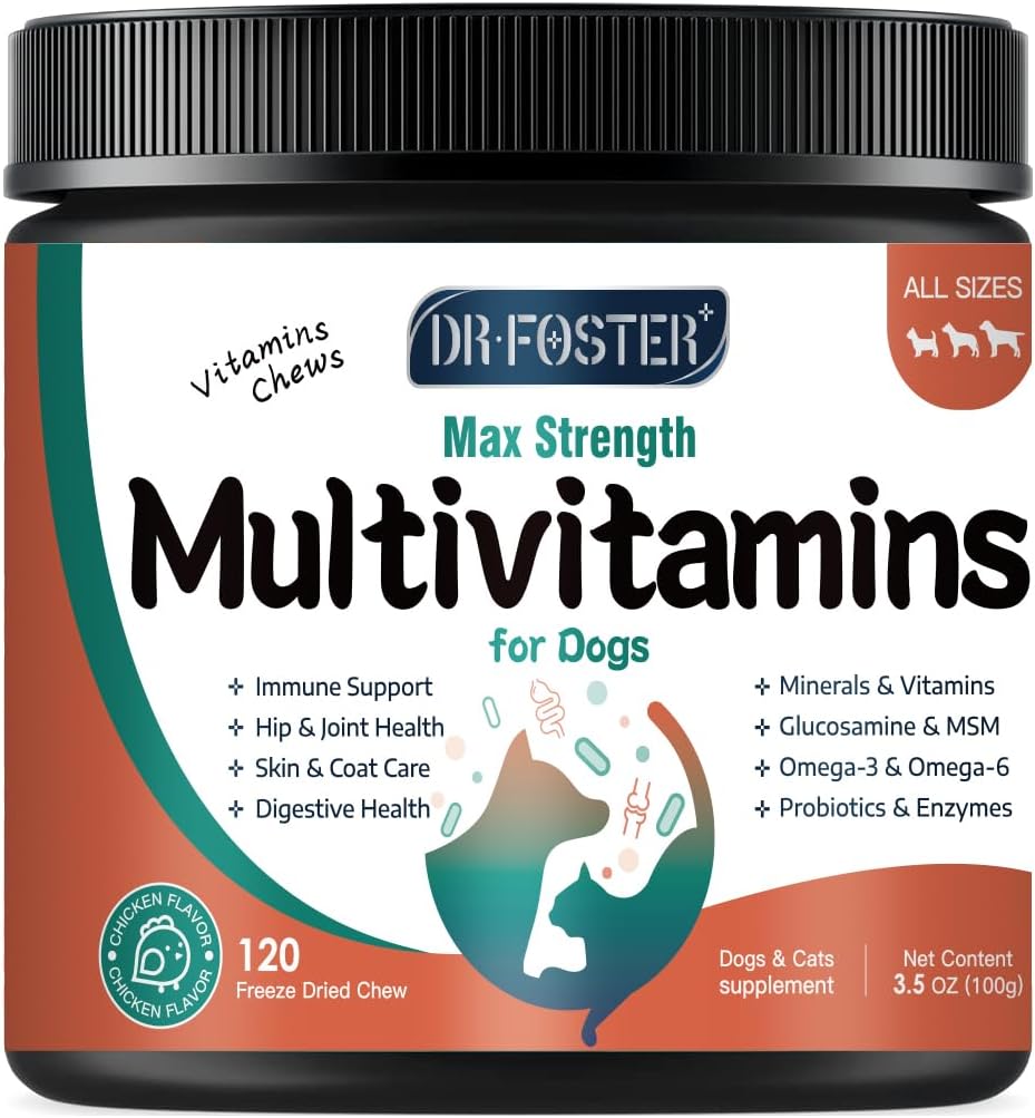 og Multivitamin with Glucosamine, Omega 3, Minerals, Probiotics and Enzymes, Dog Vitamins and Supplements for Joint, Skin & Coat Care, Digestive and Immune Health, Chicken Flavor - 120 Chews