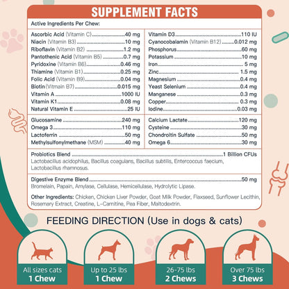 og Multivitamin with Glucosamine, Omega 3, Minerals, Probiotics and Enzymes, Dog Vitamins and Supplements for Joint, Skin & Coat Care, Digestive and Immune Health, Chicken Flavor - 120 Chews